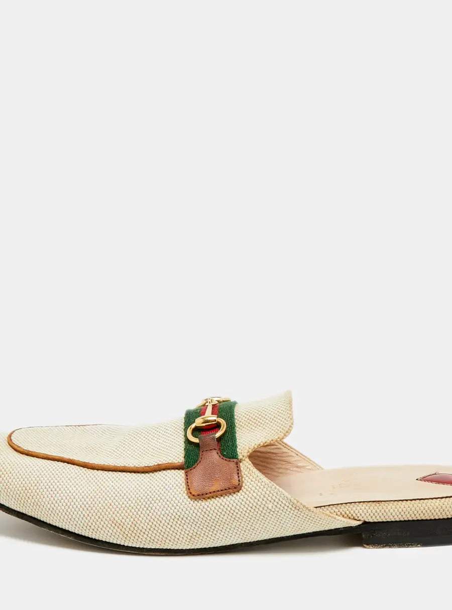 Gucci Princetown Size 41 Cream Canvas Web Horsebit Flat Mules