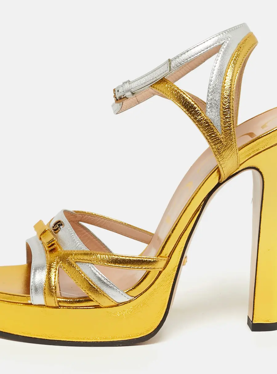 Gucci Alison Size 38.5 Silver/Gold Leather Platform Ankle Strap Sandals