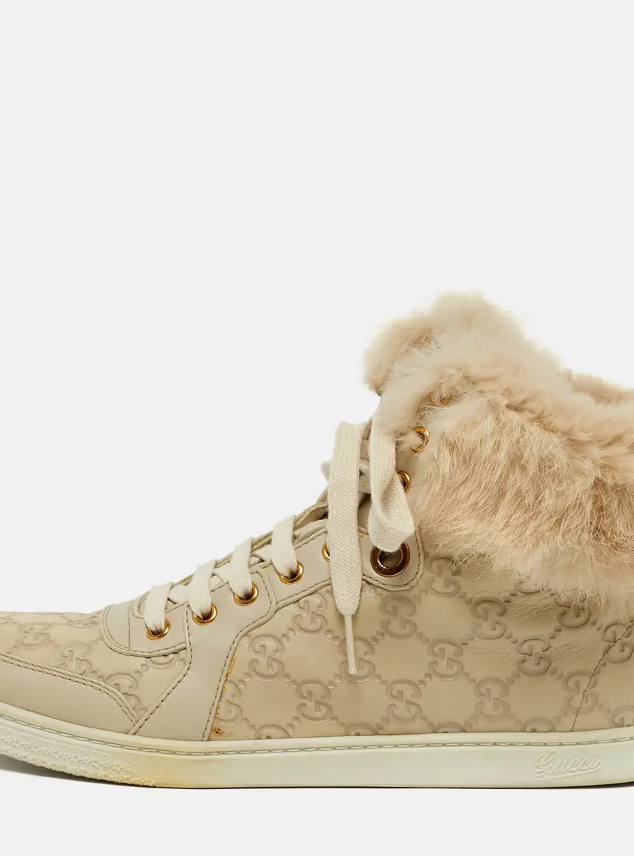 Gucci Guccissima Size 41 Cream Fur and Leather High Top Sneakers