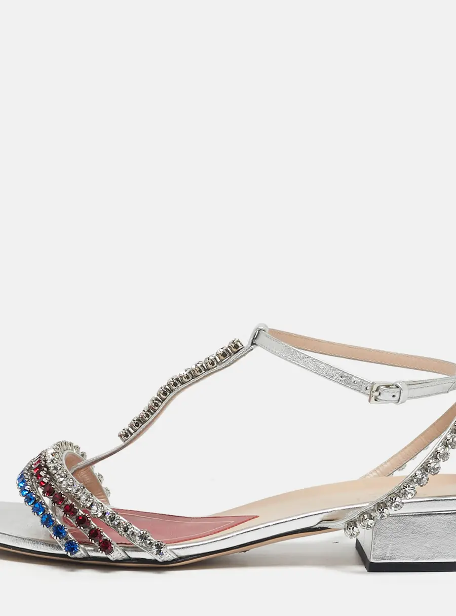 Gucci Size 38 Silver Leather Crystal Embellished Ankle Strap Sandals