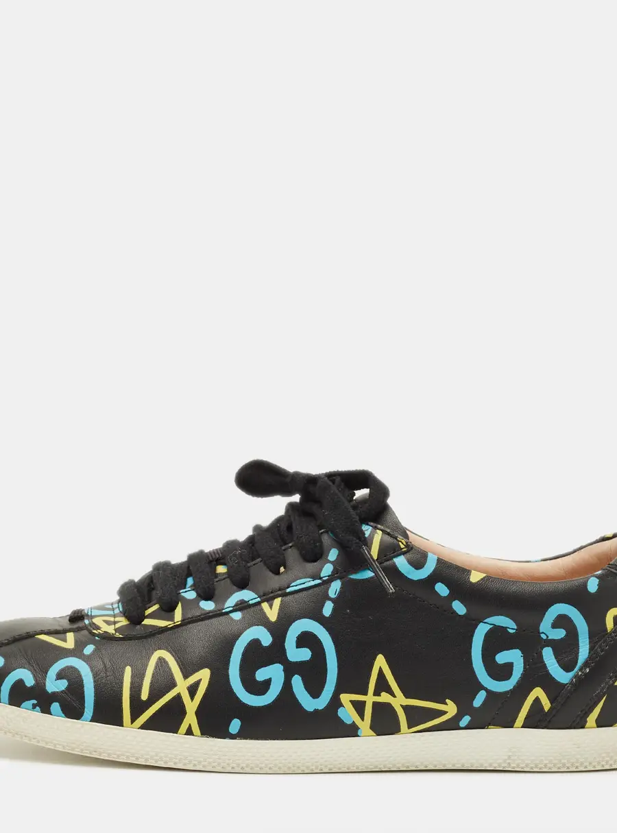 Gucci Ace Size 37.5 Black Ghost Print Leather Low Top Sneakers