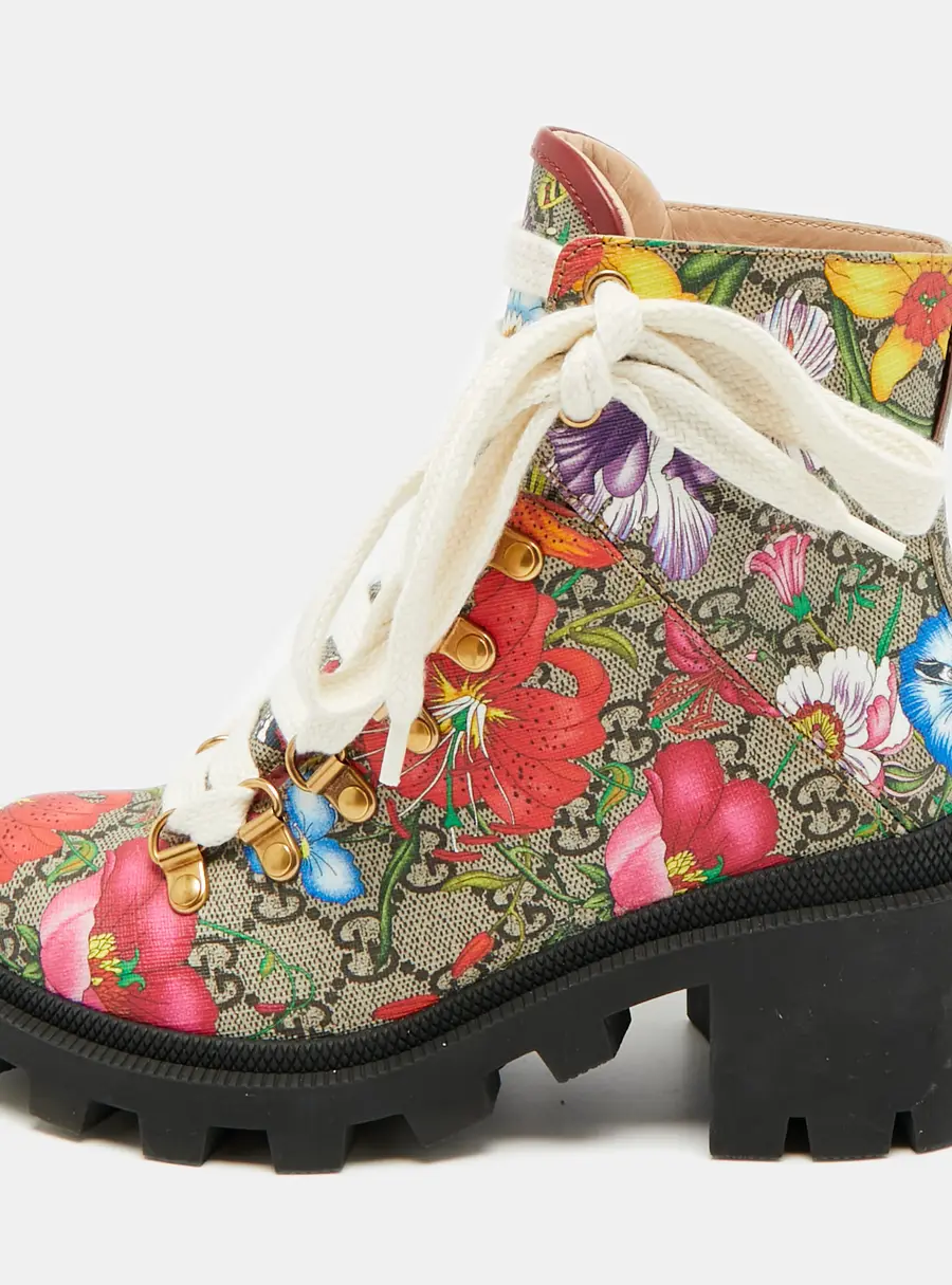 Gucci Size GG 35.5 Multicolor Floral Print Canvas Ankle Length Boots