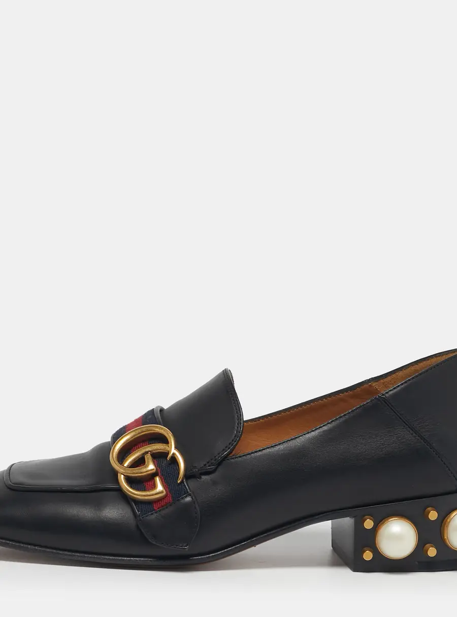 Gucci Double G Size 37 Black Leather Web Loafers