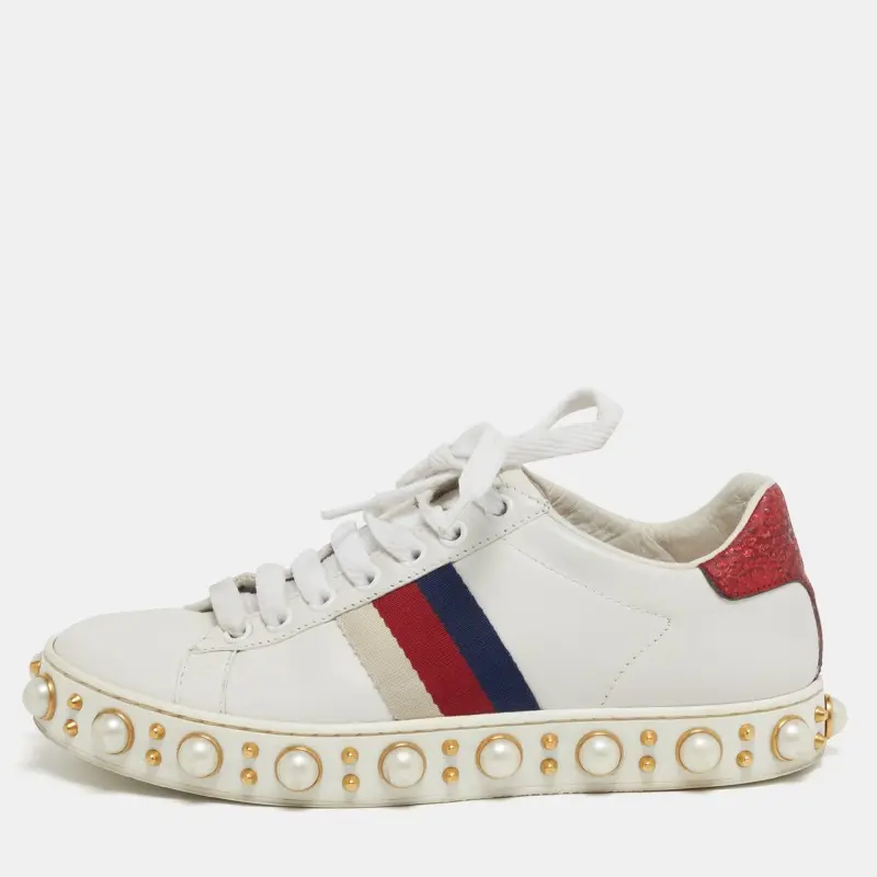 Gucci New Ace Size 35 White Leather and Python Embossed Faux Pearl Embellished Web Low Top Sneakers