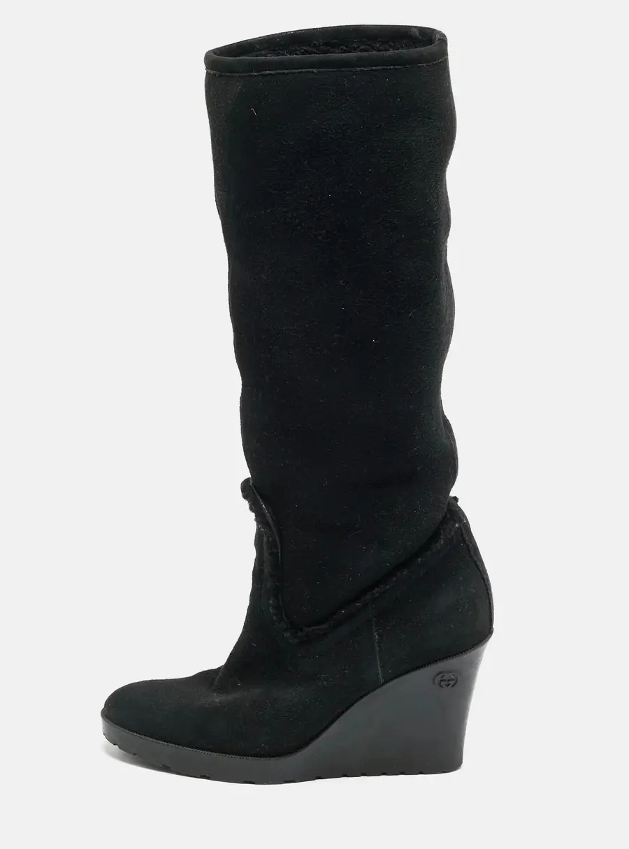 Gucci Courteney Size 36 Black Suede Wedge Knee Length Boots