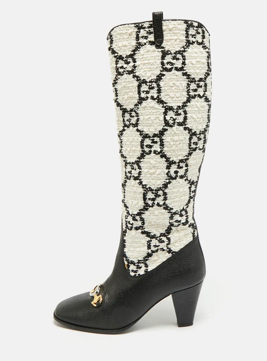 Gucci Zumi Size 38 Black/White GG Tweed and Leather Knee Length Boots