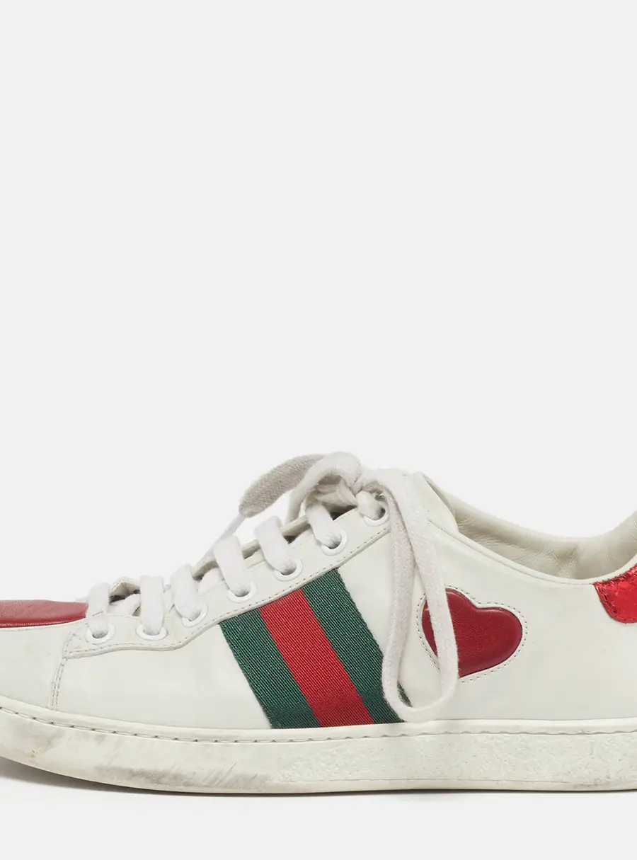 Gucci Size 35.5 White Leather Ace Web Heart Detail Lace Up Sneaker