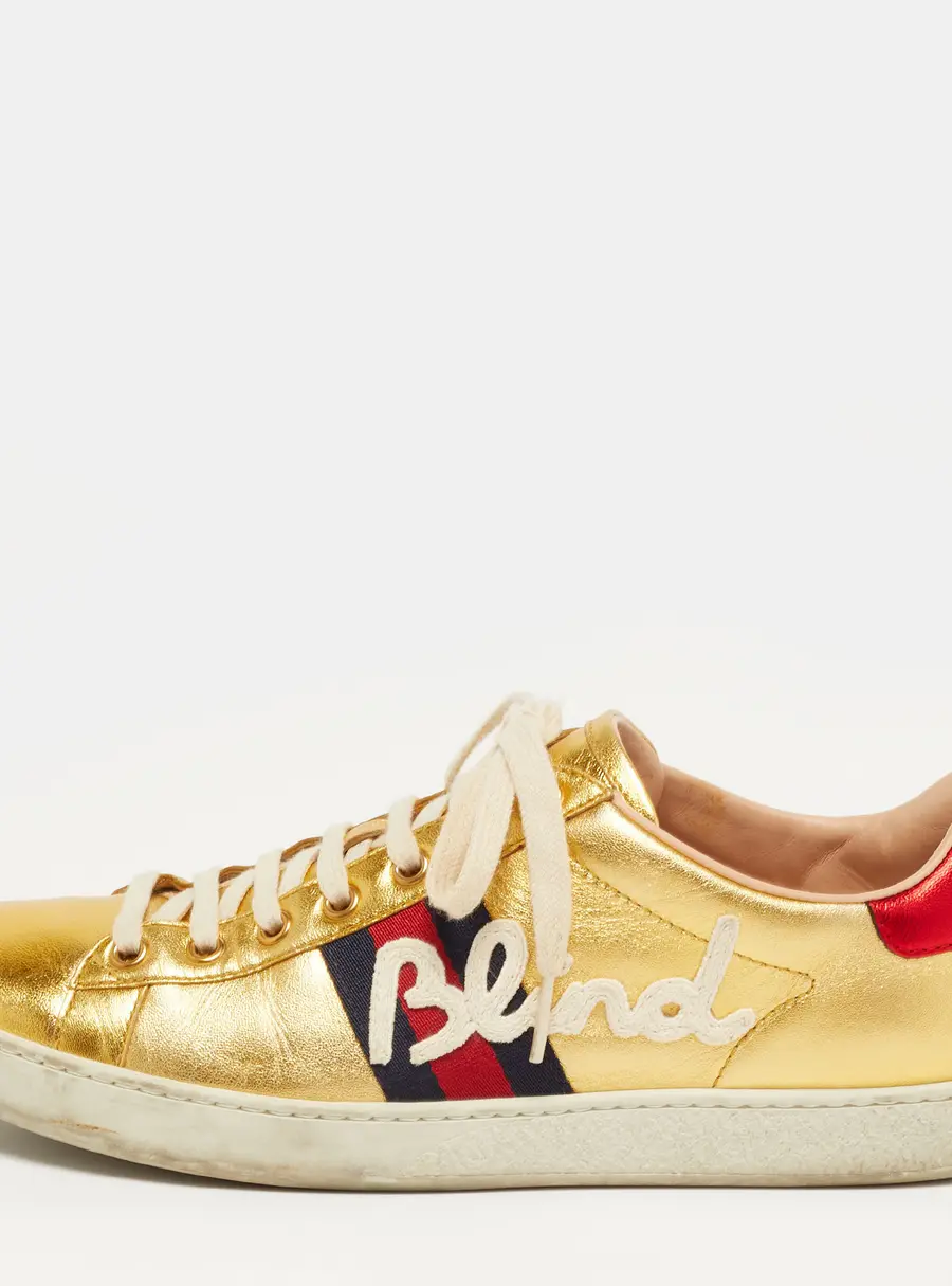 Gucci Ace Size 39.5 Metallic Gold Leather Web Blind For Love Low Top Sneakers