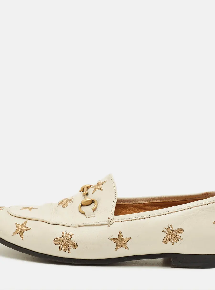 Gucci Jordaan Size 37.5 Cream Bee & Star Embroidered Leather Loafers