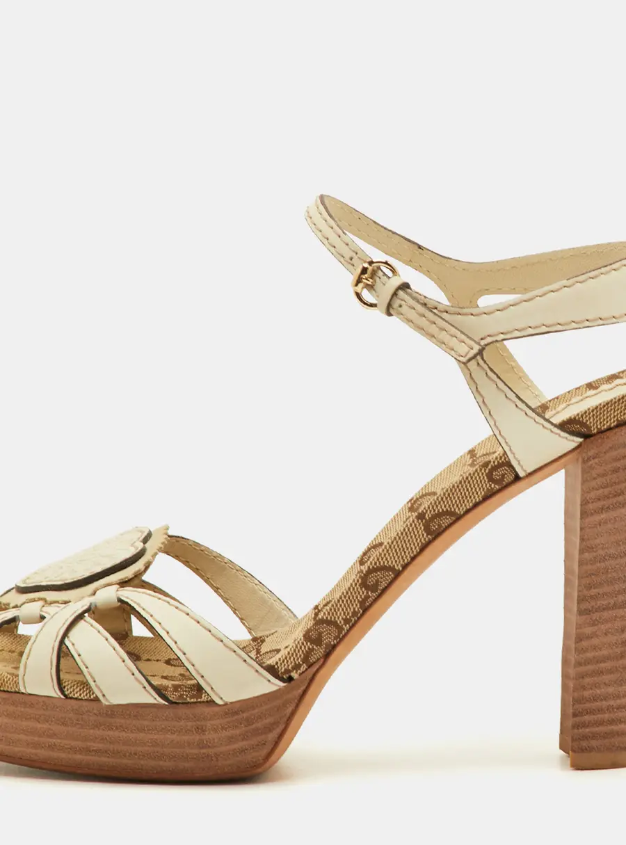 Gucci Crest Heart Size 39.5 Cream Leather GG Canvas Ankle Strap Platform Sandals