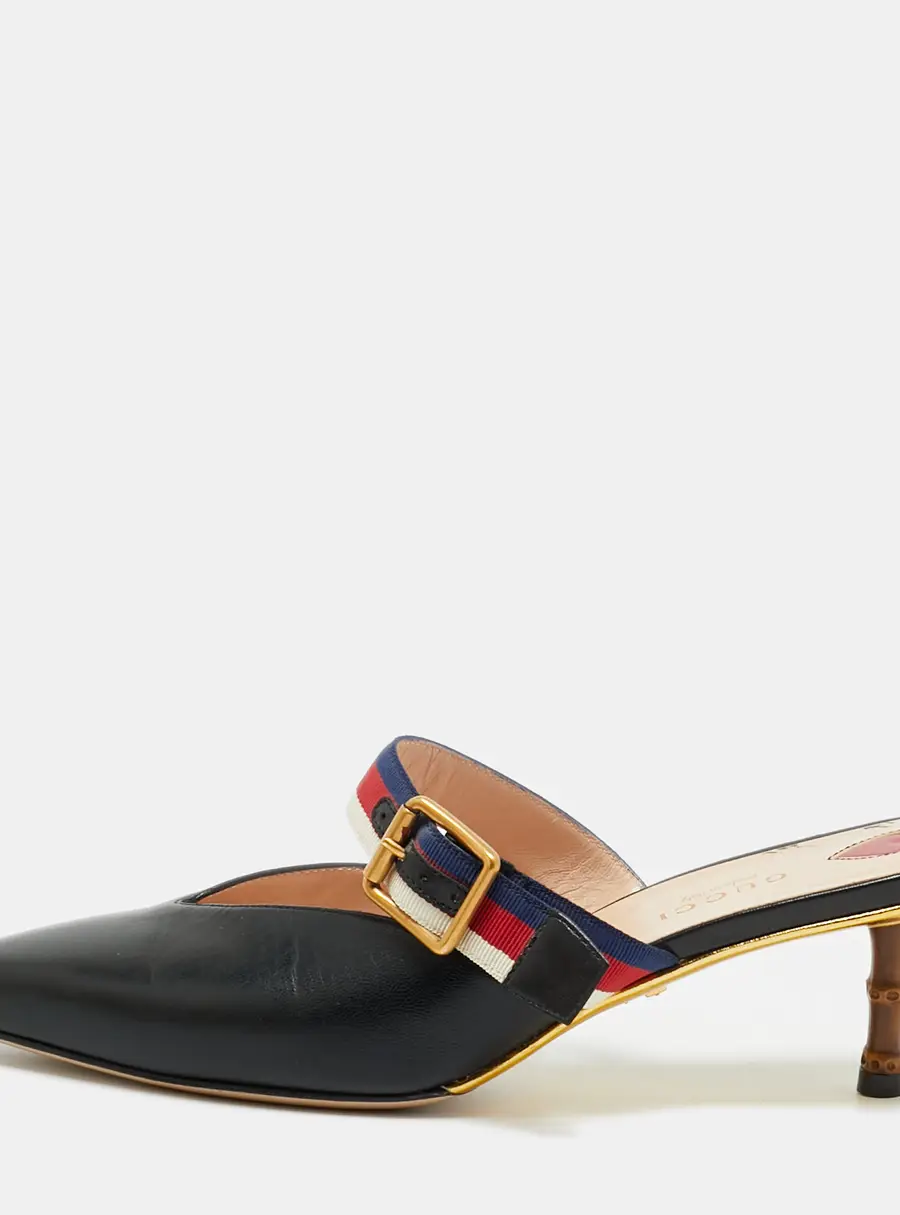 Gucci Size 36.5 Black Leather Web Pointed Toe Bamboo Heel Mules