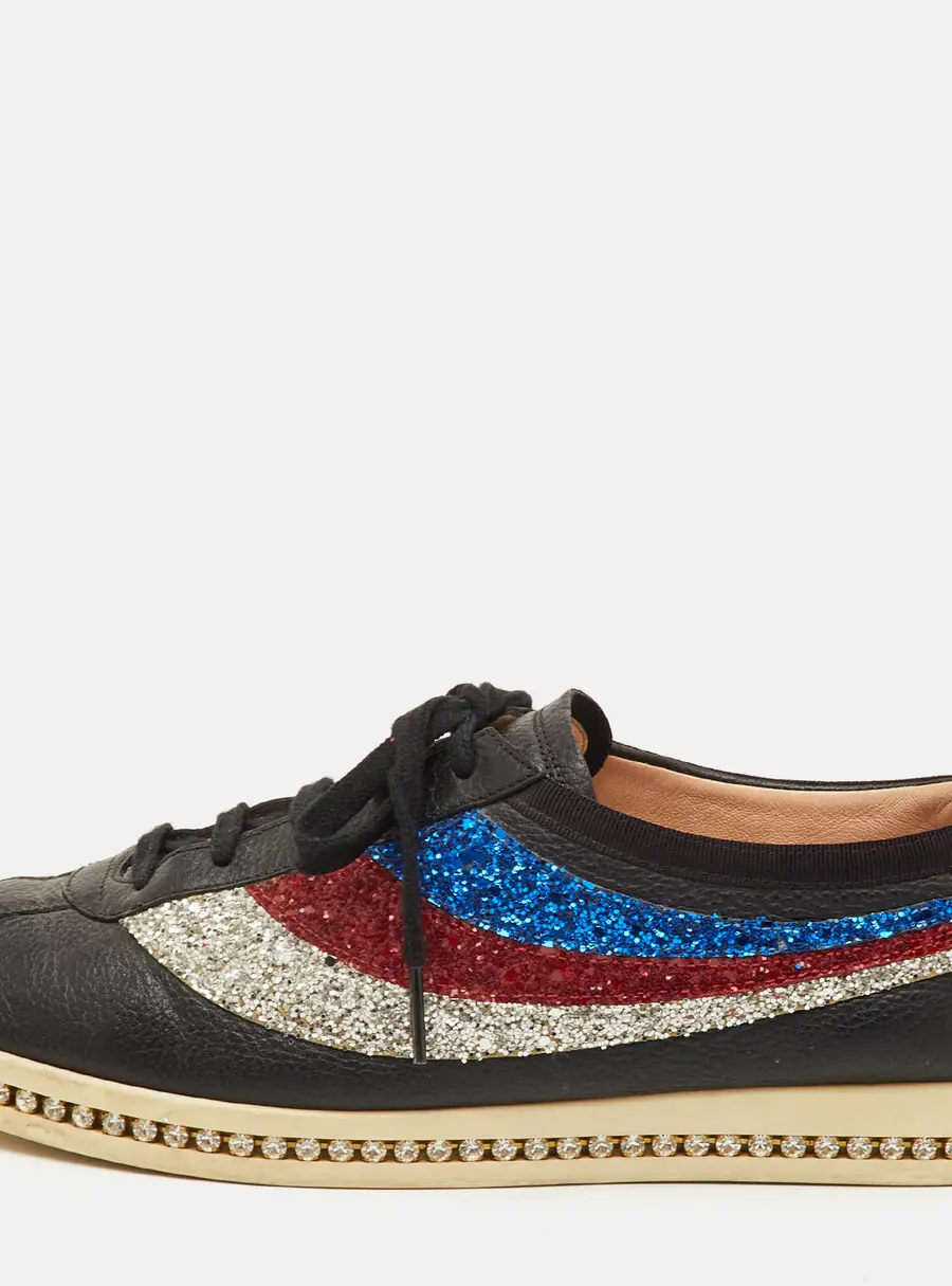 Gucci Falacer Size 40 Black Leather and Glitter Web Low Top Sneakers