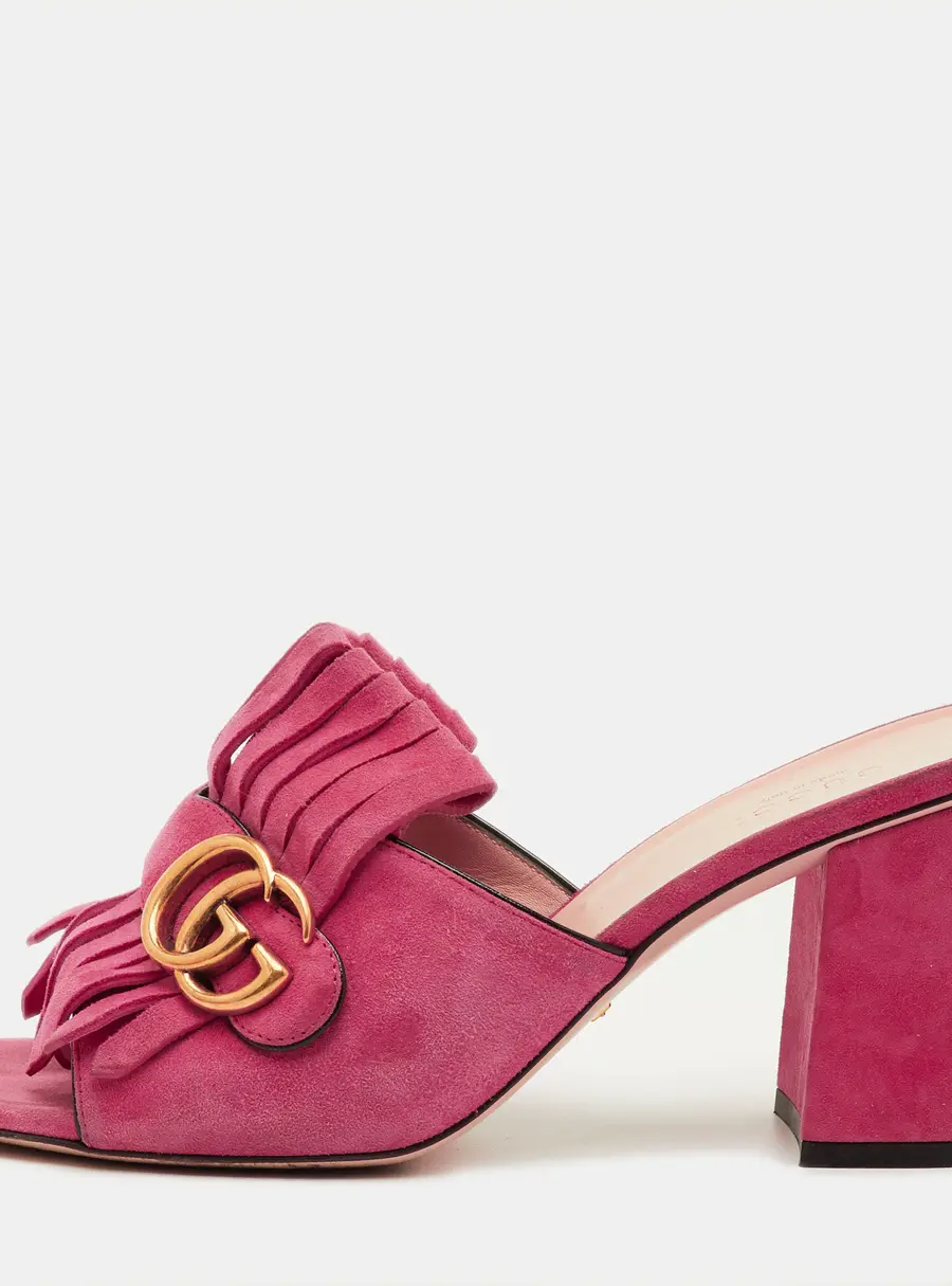 Gucci GG Marmont Fringe Pink Suede Leather Open Toe Slide Sandals
