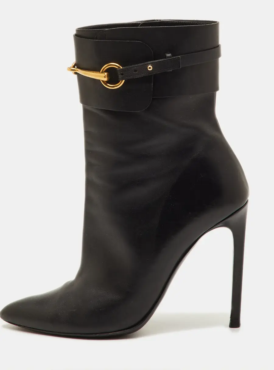 Gucci Horsebit Accent Size 39 Black Leather Pointed Toe Mid Calf Boots