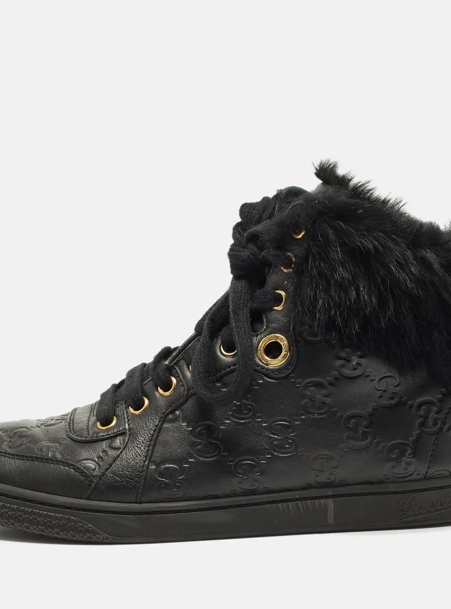 Gucci Guccissima Size 37 Black Cada Fur and Leather High Top Sneakers