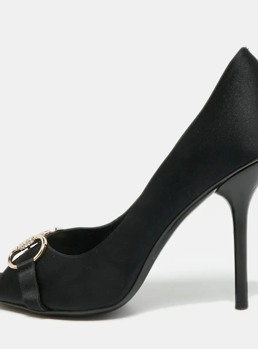 Gucci Hollywood Size 39.5 Black Satin Horsebit Peep Toe Pumps