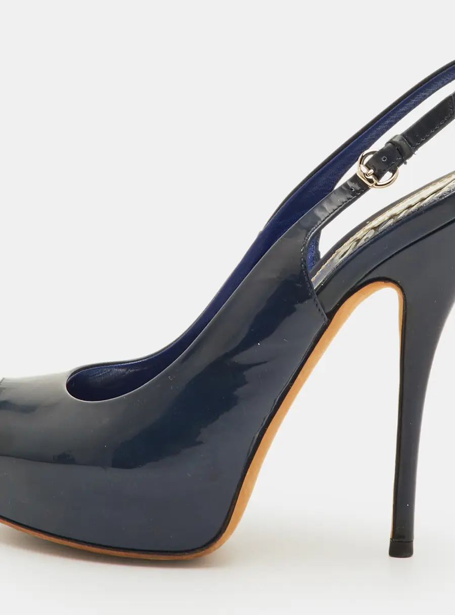 Gucci Sofia Size 36 Navy Blue Patent Leather Platform Peep Toe Slingback Sandals
