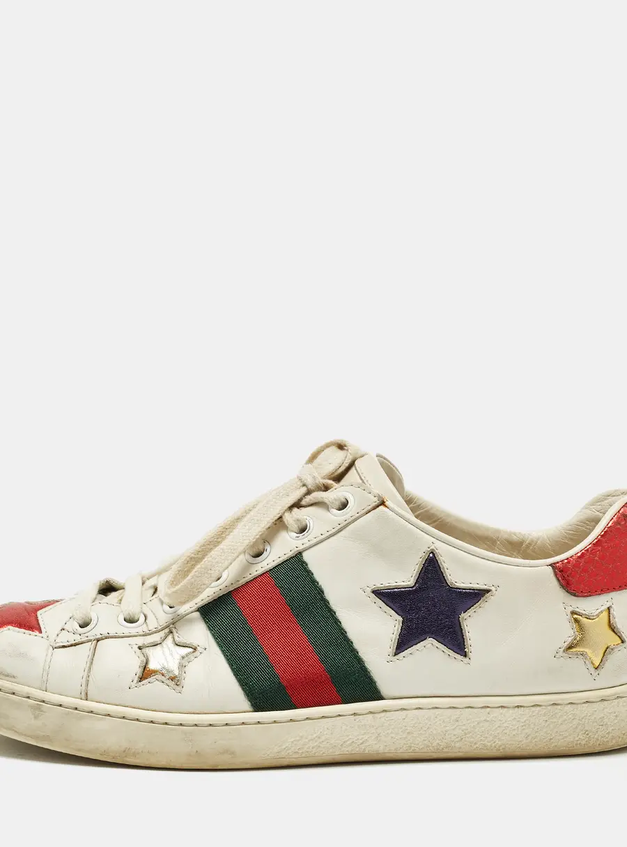 Gucci Ace Web Size 37 White Leather Star Low Top Sneakers