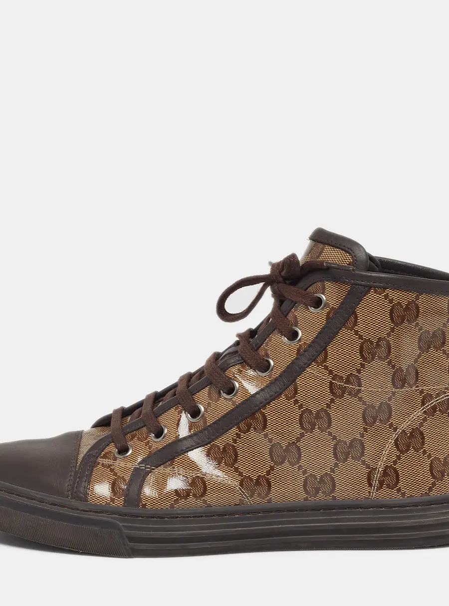 Gucci Trim California Size 37 Dark Brown/Beige Coated Canvas and Leather High Top Sneakers