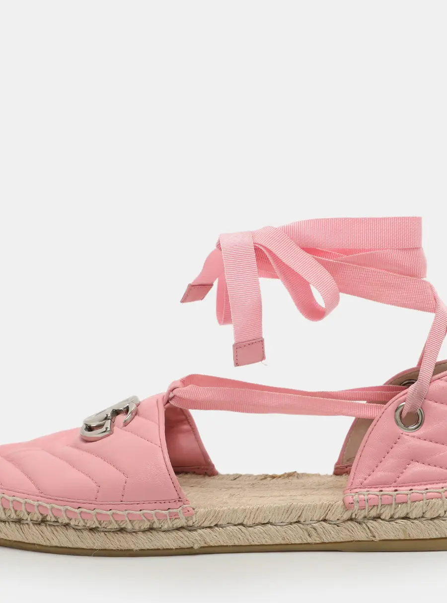 Gucci GG Embellished Size 40.5 Pink Leather Ankle Wrap Espadrille Flats