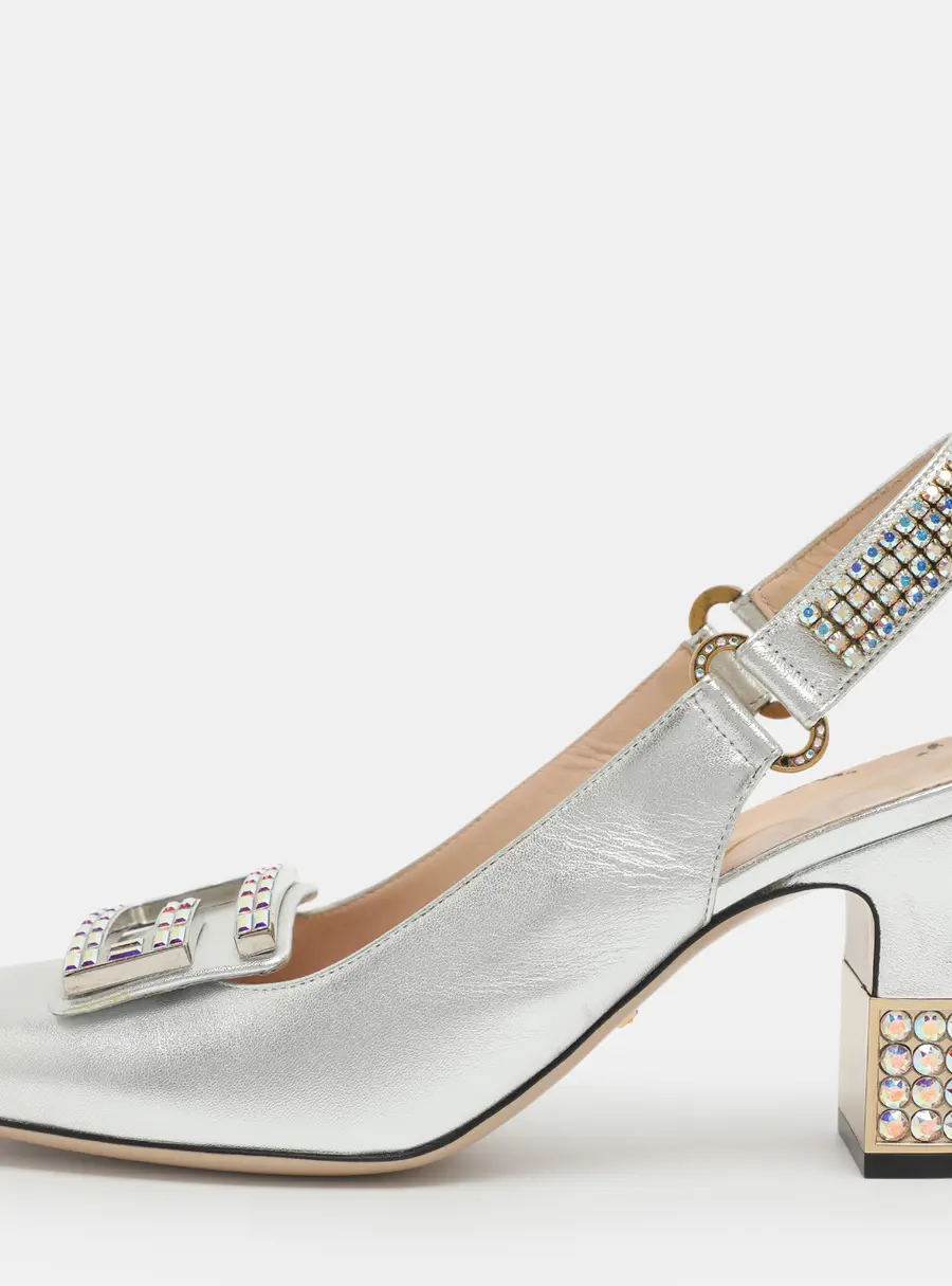 Gucci Square G Size 40 Silver Leather Crystal Embellished Block Heel Sandals