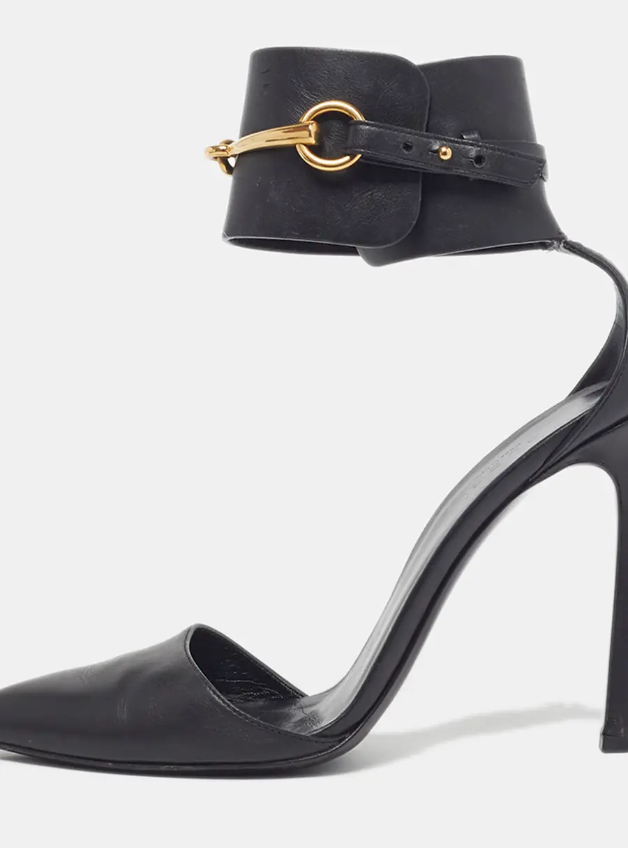 Gucci Horsebit Size 37 Black Leather Ankle Strap Pumps