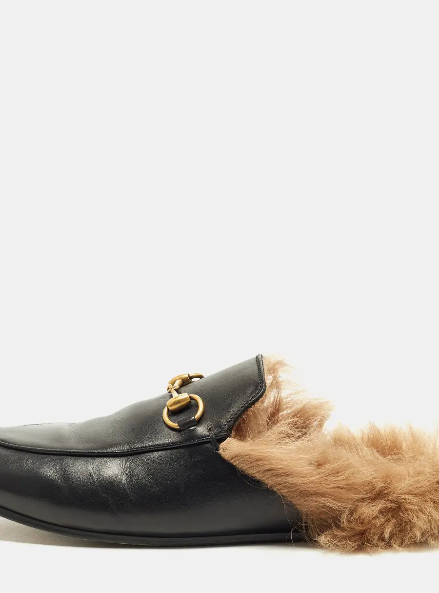 Gucci Princetown Size 37.5 Black/Black Fur and Leather Flat Mules
