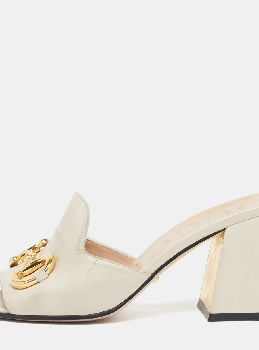Gucci Horsebit Size 36.5 Cream Leather Block Heel Slide Sandals