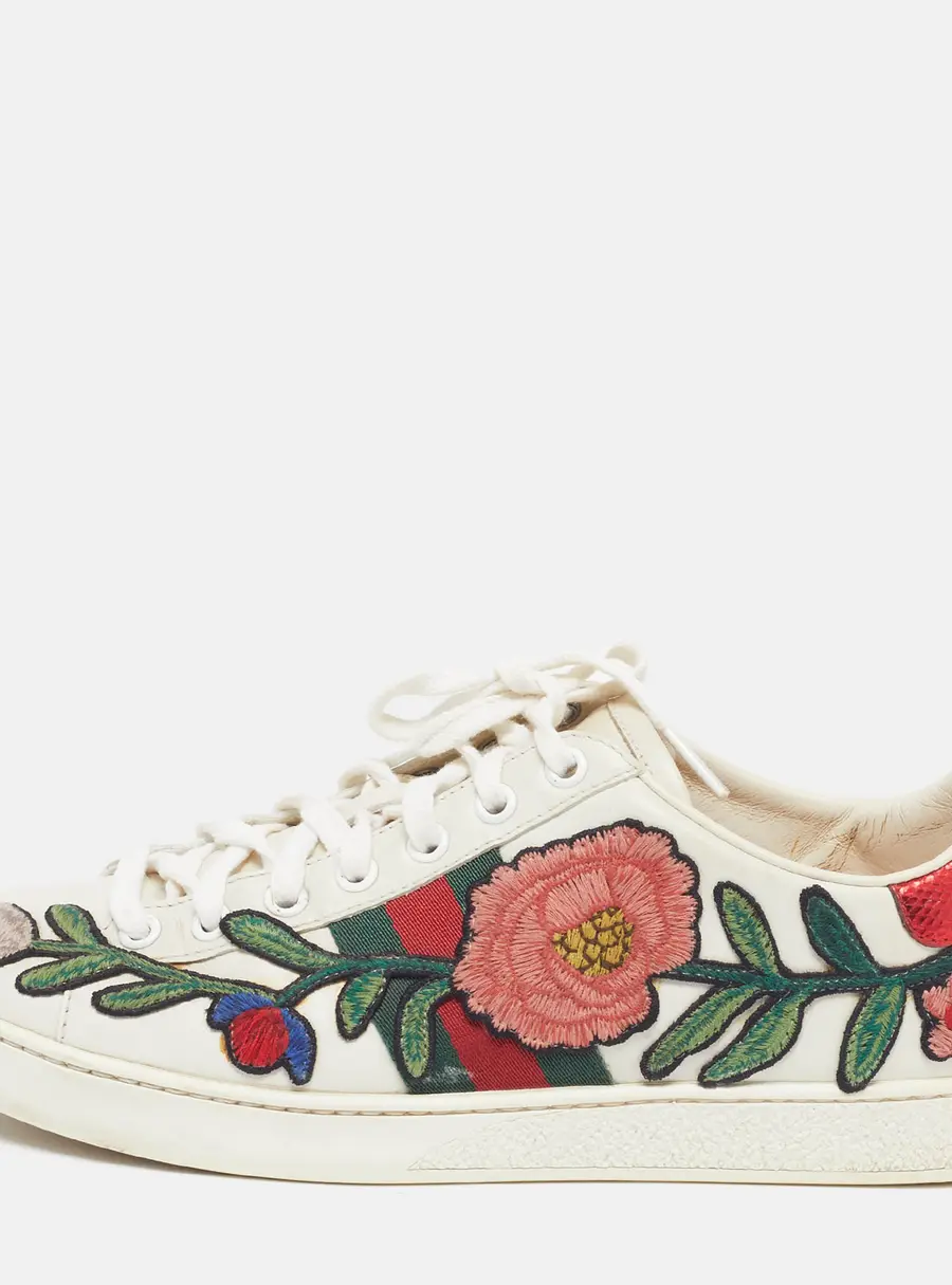 Gucci Ace Web Size 37.5 White Leather Floral Embroidered Low Top Sneakers