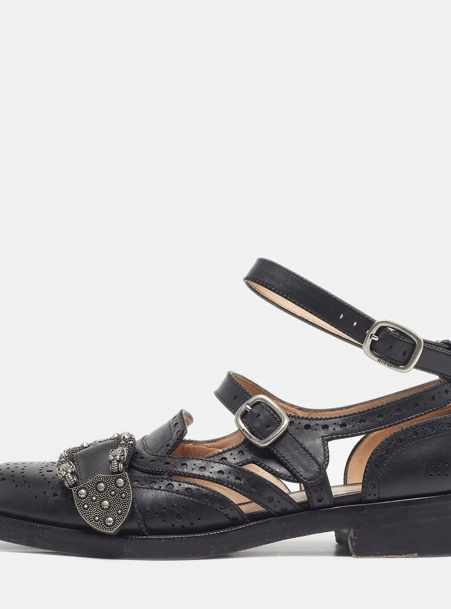 Gucci Queercore Size 39 Black Brogue Leather Ankle Strap Flat Sandals