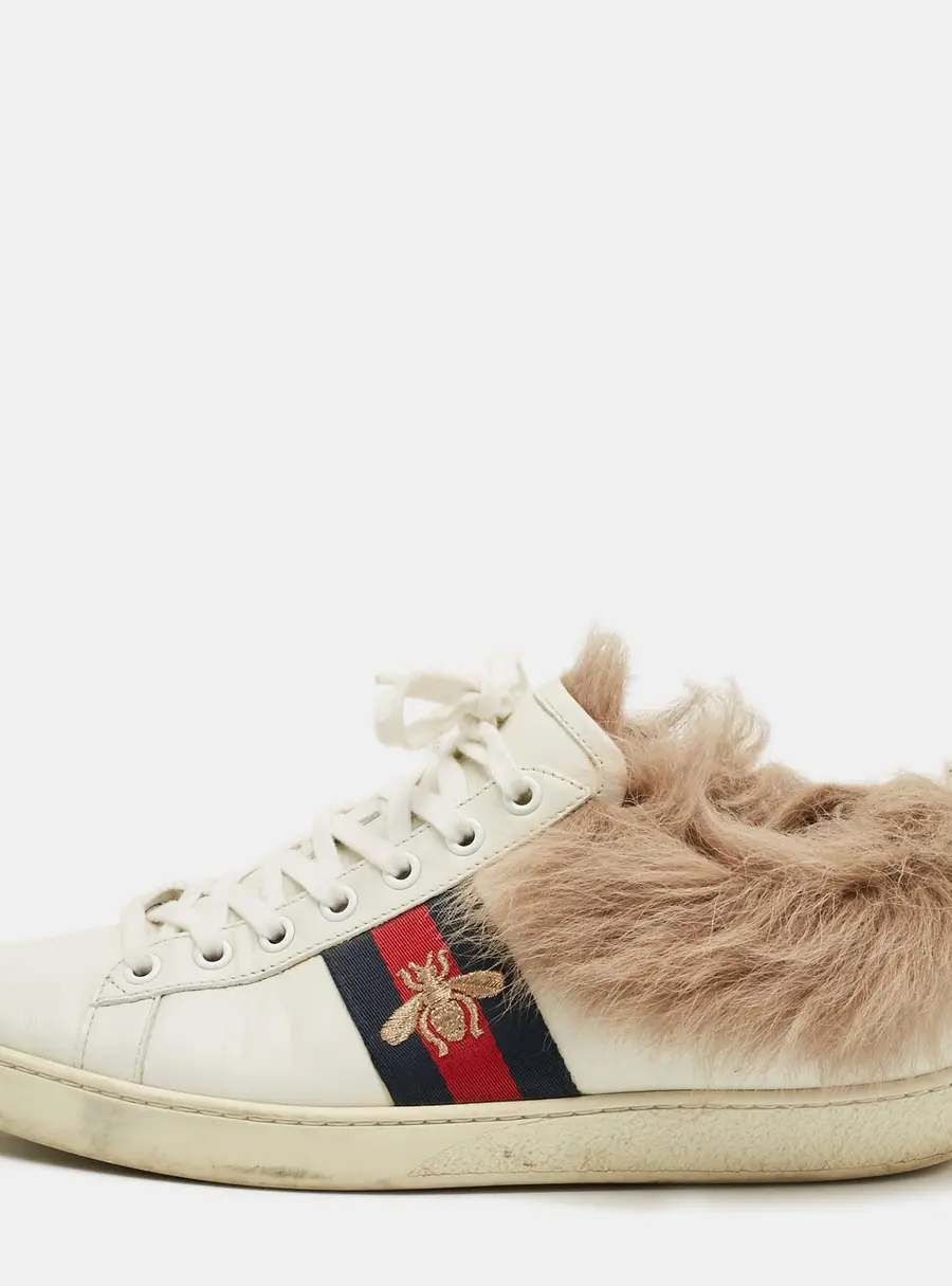 Gucci Ace Size 37.5 White/Brown Fur and Leather Web Low Top Sneakers