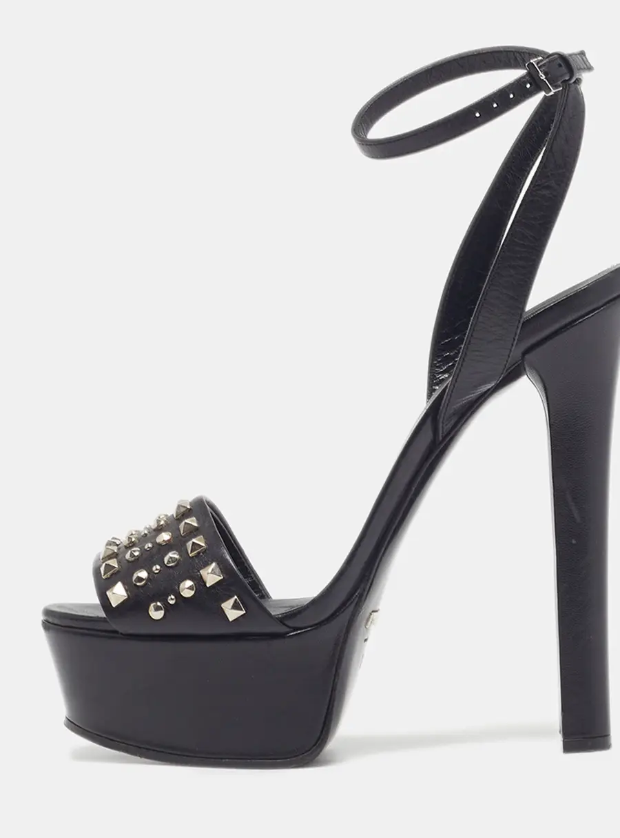 Gucci Leila Size 38 Black Leather Studded  Ankle Strap Sandals