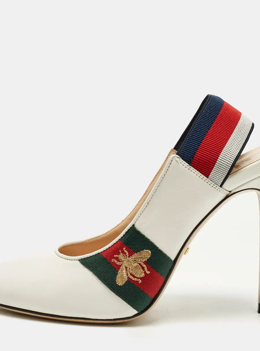 Gucci Sylvie Size 38 White Leather Web Detail Pointed Toe Slingback Pumps