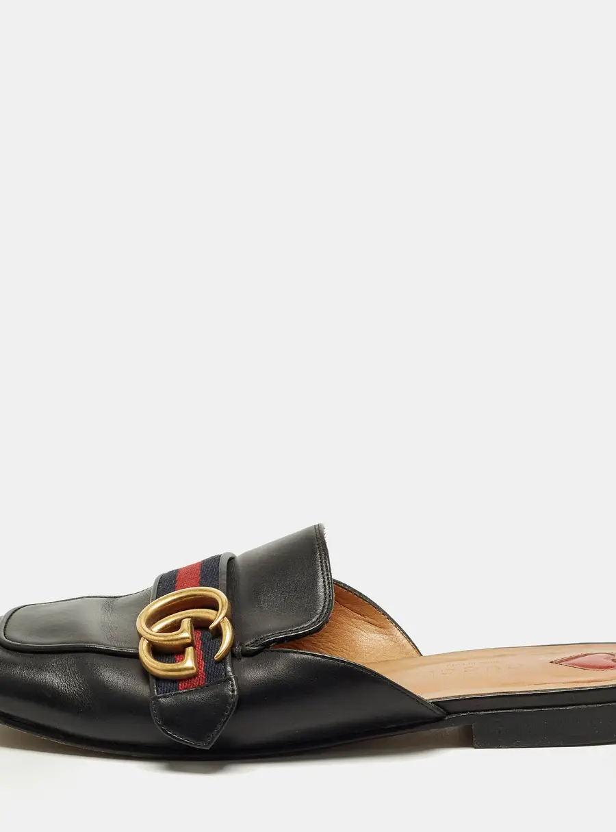 Gucci Peyton Size 36.5 Black Leather GG Web Marmont Flat Mules