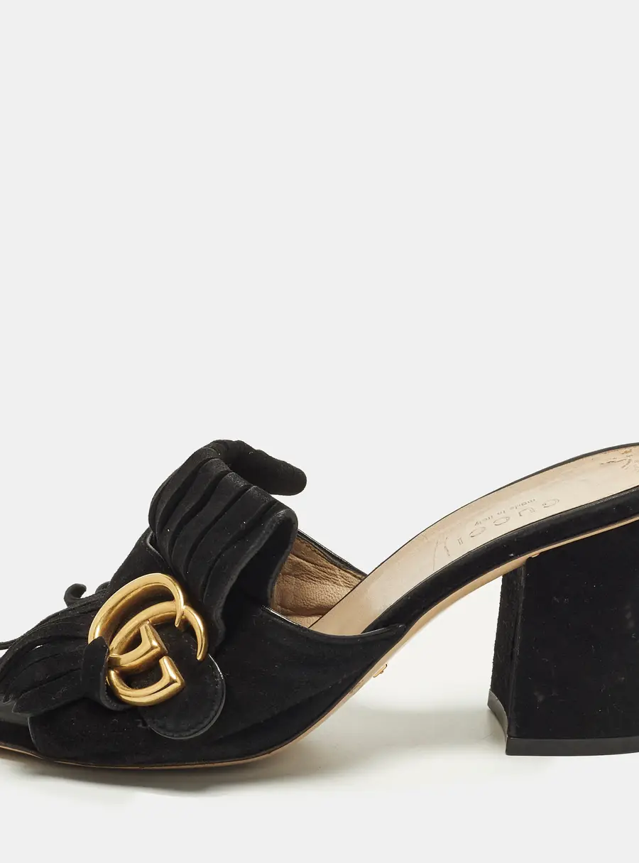 Gucci GG Marmont Fringe Size 36.5 Black Suede Block Heel Slide Sandals