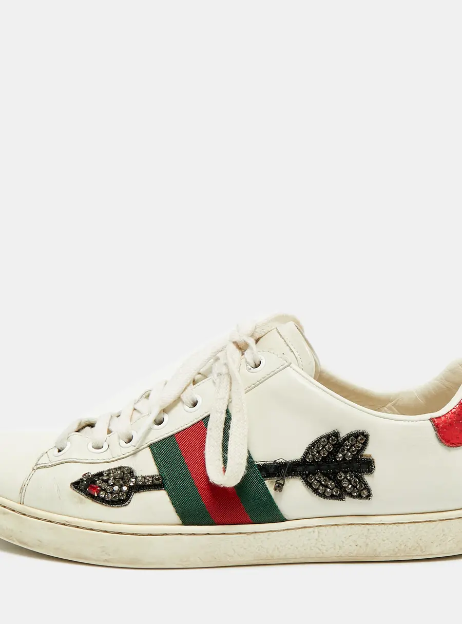 Gucci Ace Web  Size 38.5 White Leather and Python Embossed Low Top Sneakers