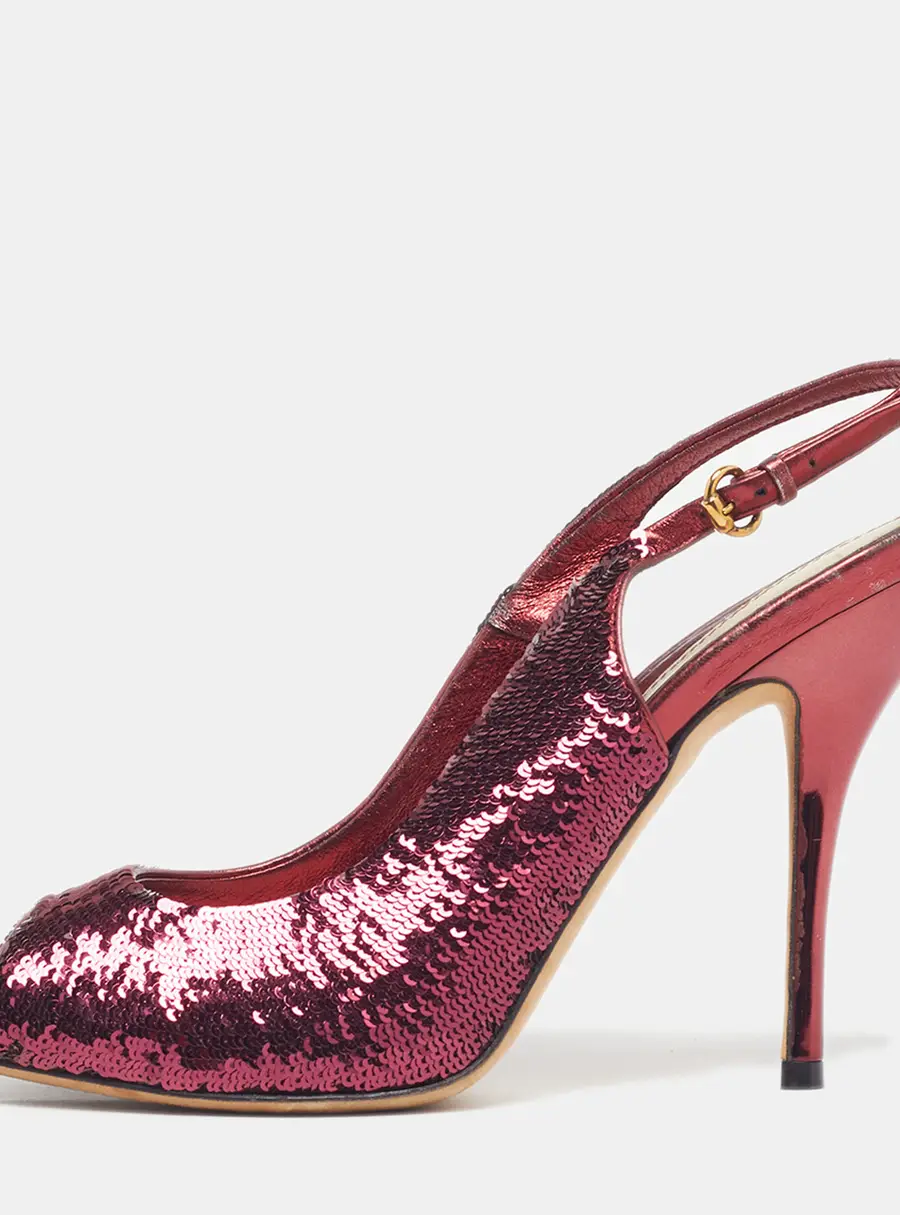 Gucci Size 37.5 Burgundy Sequins Peep Toe Slingback Pumps