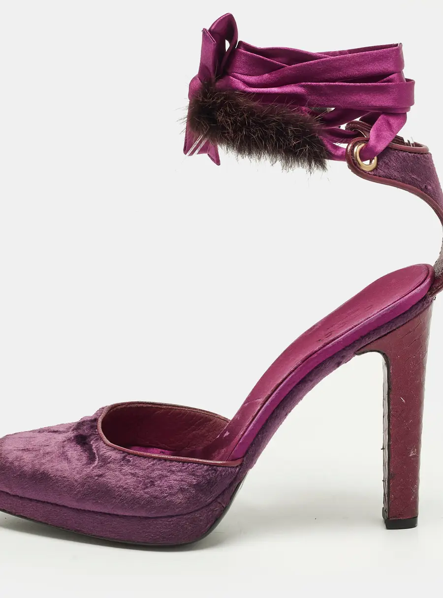 Gucci Size 37 Purple Mink Fur and Velvet Ankle Strap Pumps