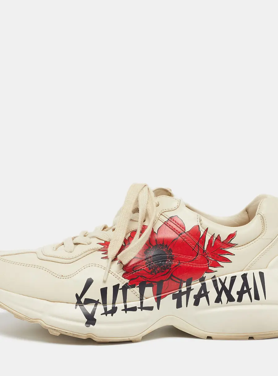 Gucci Rhyton Size 39.5 Beige Leather Hawaii Print Low Top Sneakers