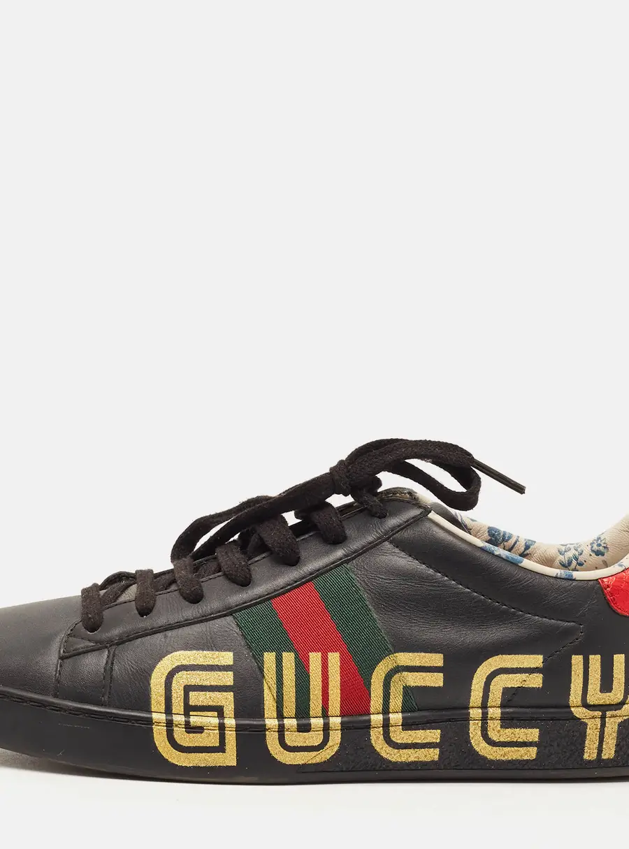 Gucci New Ace Size 38 Black Leather and Python Embossed Web Low Top Sneakers