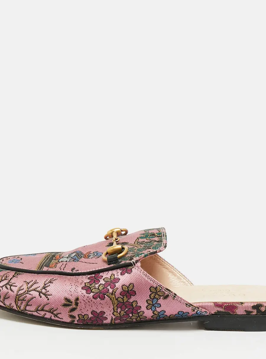 Gucci X Disney Japanese Donald Duck Princetown Size 36 Pink Brocade Fabric Horsebit Flat Mules