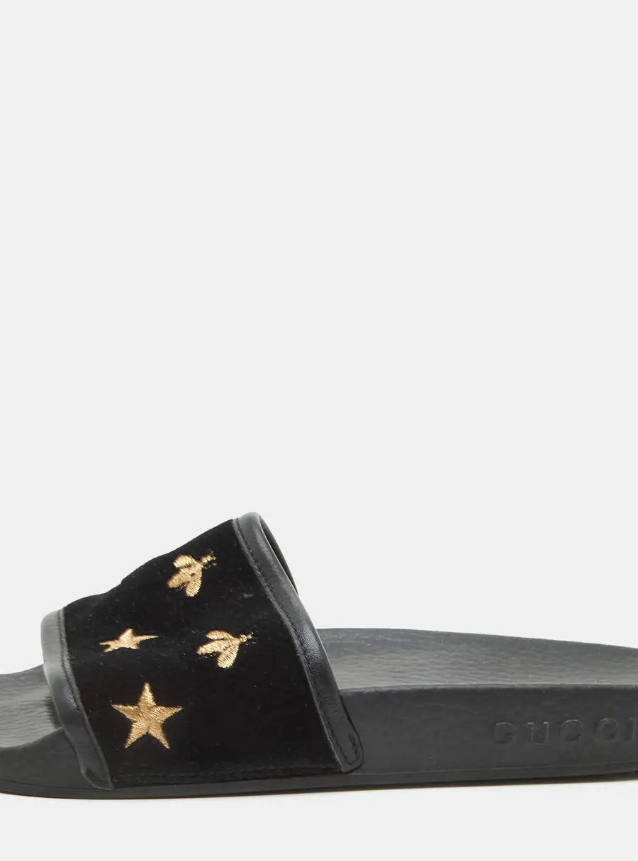 Gucci Bee and Star Size 36 Black/Gold Velvet and Leather Flat Slide Sandals