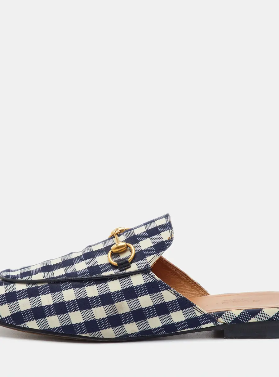 Gucci Princetown Size 36.5 Navy Blue/White Plaid Check Fabric Horsebit Flat Mules