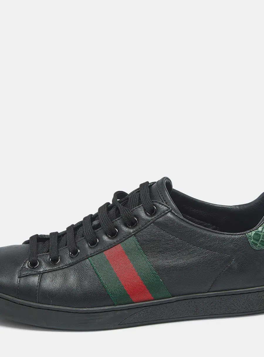 Gucci New Ace Size 39 Black Croc Embossed Leather and Leather Lace Up Sneakers