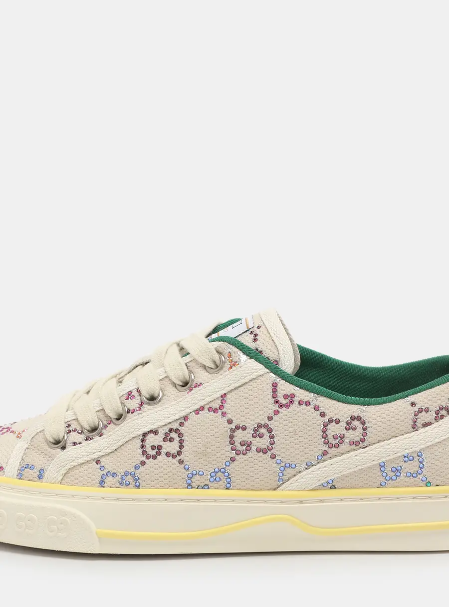 Gucci Tennis 1977 Size 35.5 Off White Crystal Embellished GG Canvas Low Top Sneakers