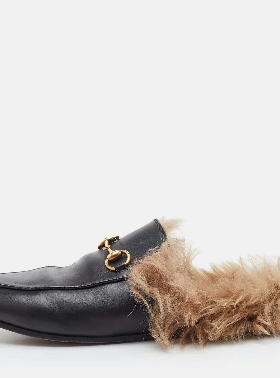 Gucci Princetown Size 37 Black Leather Fur Lined Horsebit Flat Mules