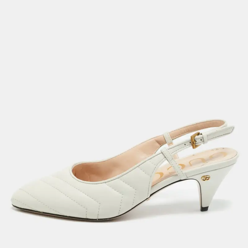 Gucci GG Marmont Size 37 White Quilted Leather Slingback Pumps