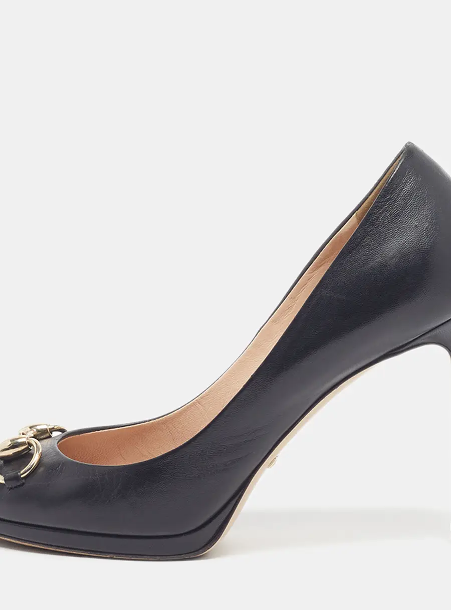 Gucci Horsebit Size 37 Black Leather Peep Toe Pumps