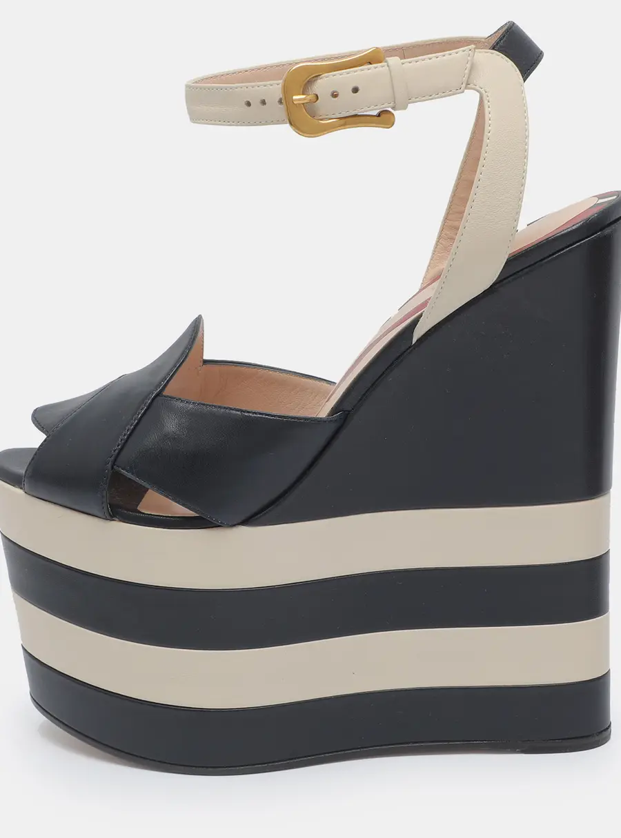 Gucci Sally Size 38 Dark Navy/White Leather Striped Platform Wedge Sandals