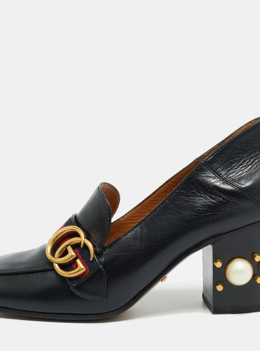 Gucci Peyton Pearl Embellished Size 37 Black Leather Loafer Pumps